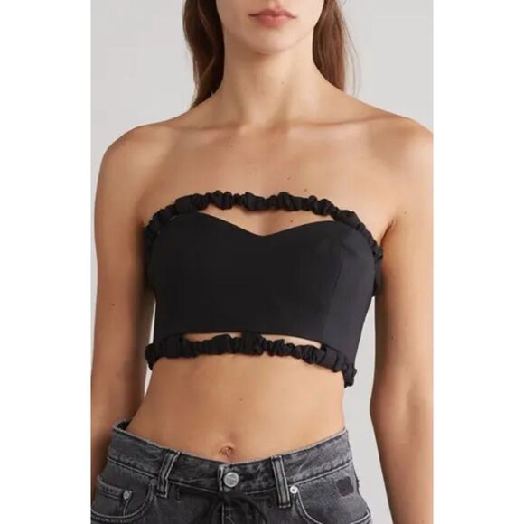 NWT GANNI Cotton Suiting Bandeau Strapless Crop Top in Black - Picture 1 of 16